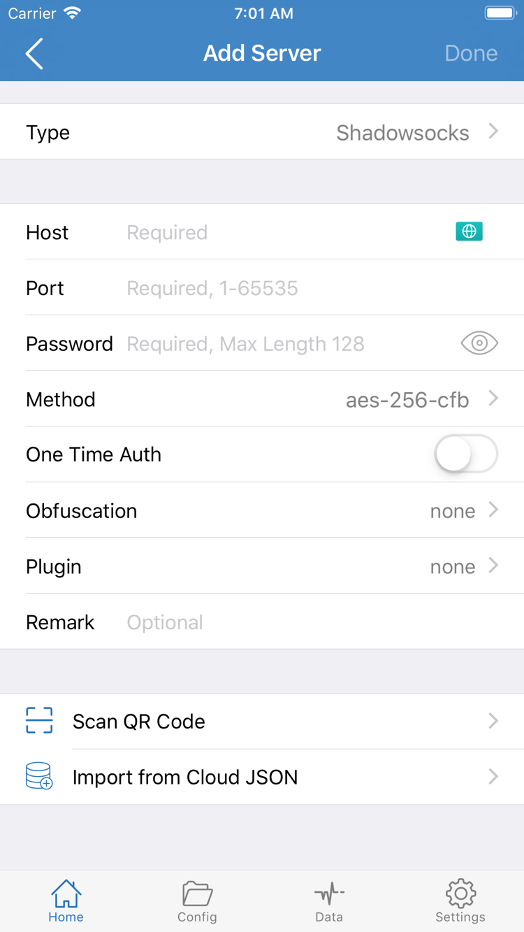 Official Shadowrocket Add Server screenshot showing server fields and the QR code option