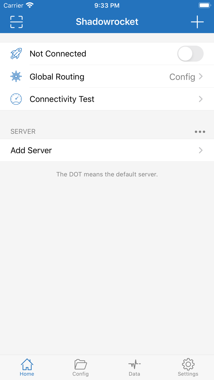 Official Shadowrocket Home screenshot showing the connection switch and Global Routing